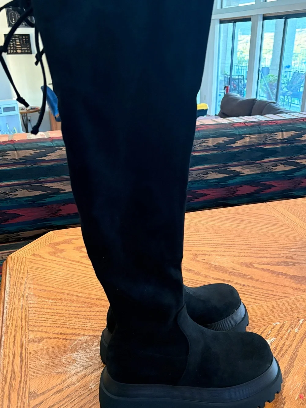 Women’s Black Thigh-High Stretch Suede Boots Chunky Platform Soles Size 9 NIB!!